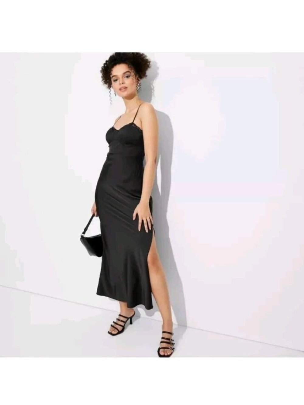 Wild Fable Women M Black Lace Trim Midi Slip Dress Fitted Lightly Padded Bra NWT